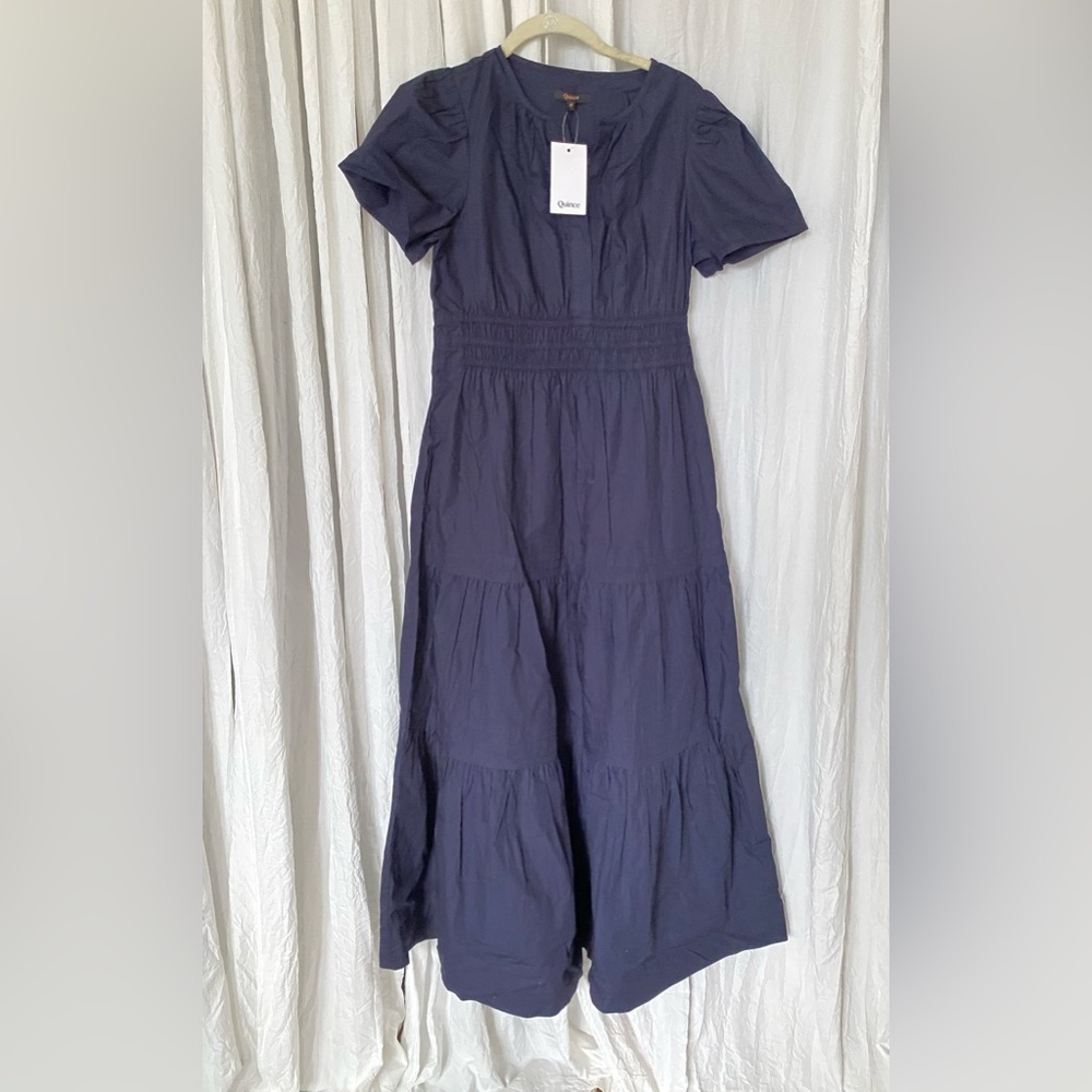 NEW Quince 100% Organic Cotton Poplin Tiered V-Neck Short Sleeve Maxi Dress sz S - Picture 7 of 13